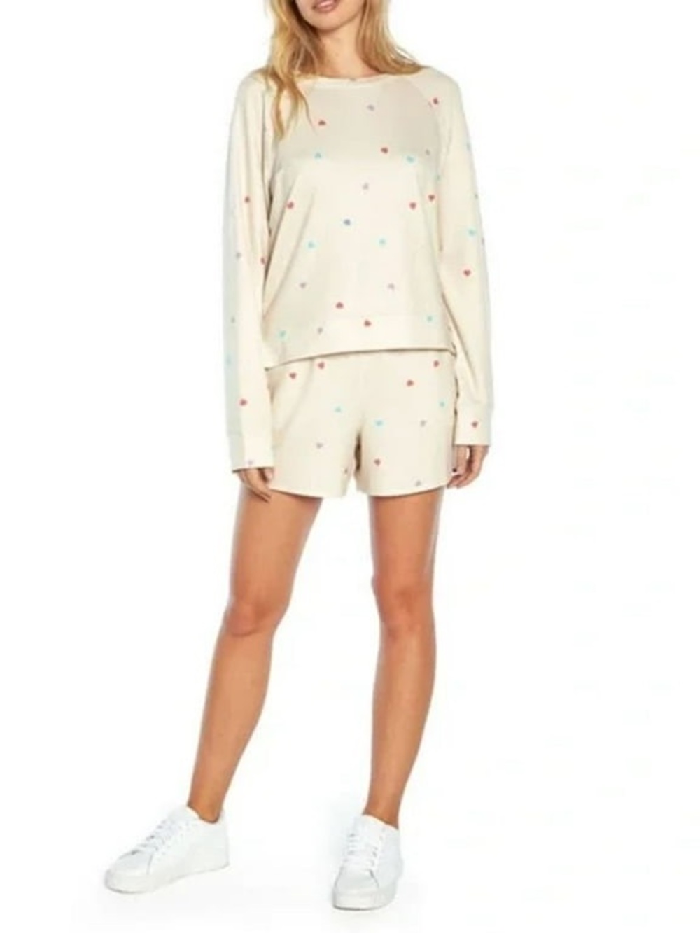 NWT Wildfox Cream Sweatshirt & Shorts Set with Multicolor Heart Print - Picture 2 of 7